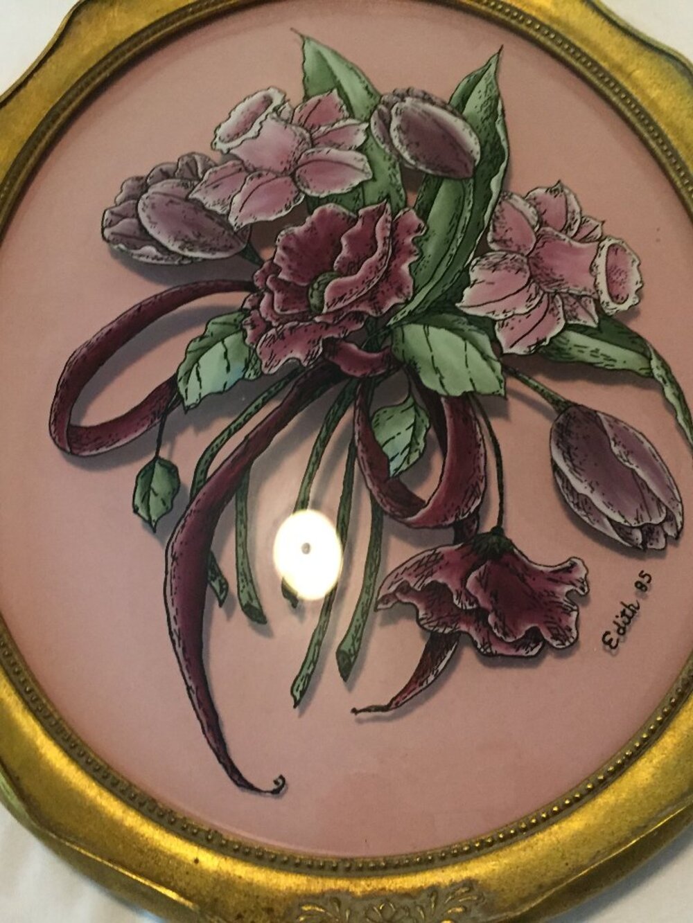 Vintage 1985 Purple Floral Picture Hand Painted x "Edith" in 1985, Convex Glass